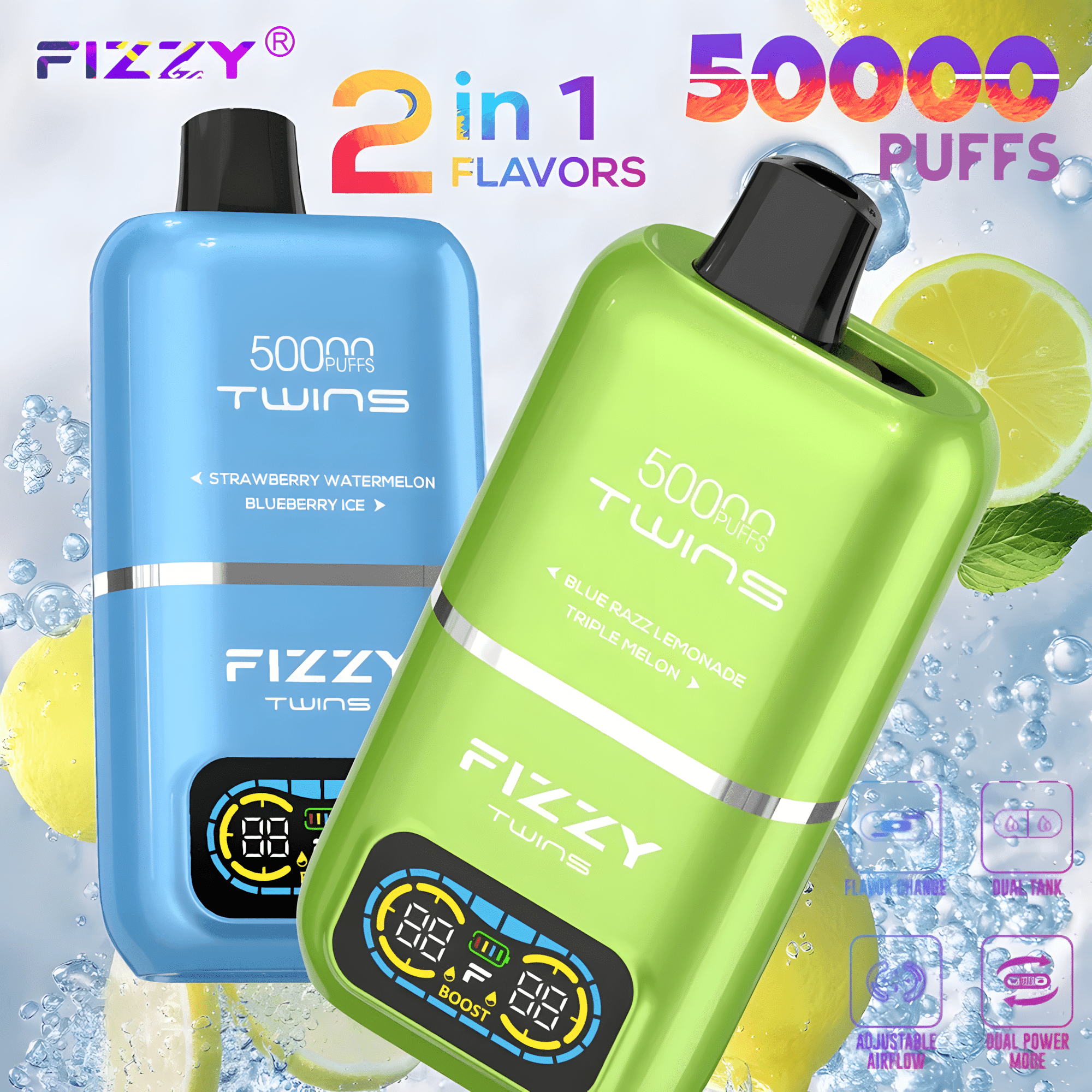 EU Poland Germany Spain Warehouse Fizzy Twins 50000 Puff 2 In 1 Electronic Cigarette Hookah Shisha Disposable Vape Twins 50K 30K 2 Flavor In 1 Wholesale I Vape
