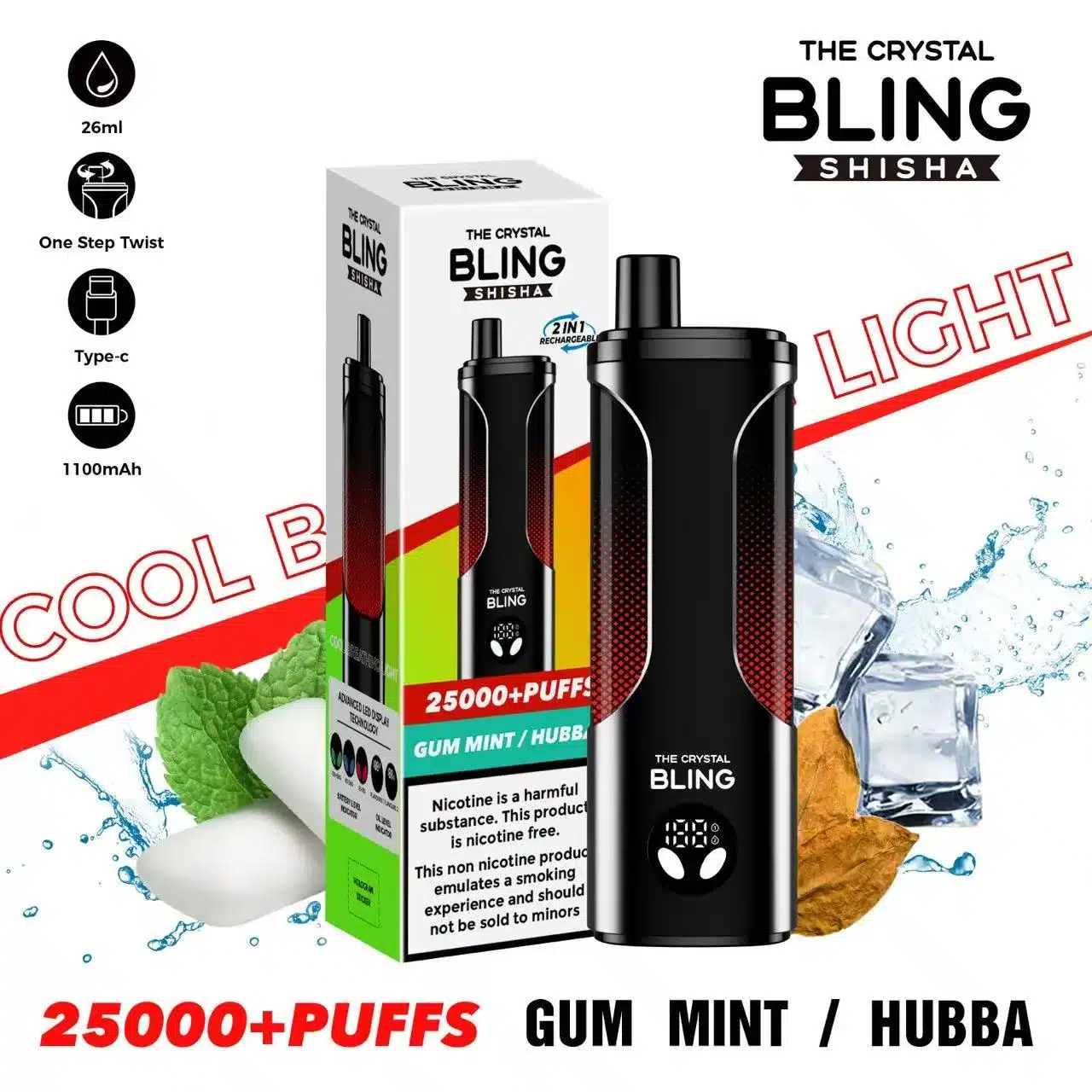 THE CRYSTAL BLING SHISHA25000PUFF GUM MINTHUBB
