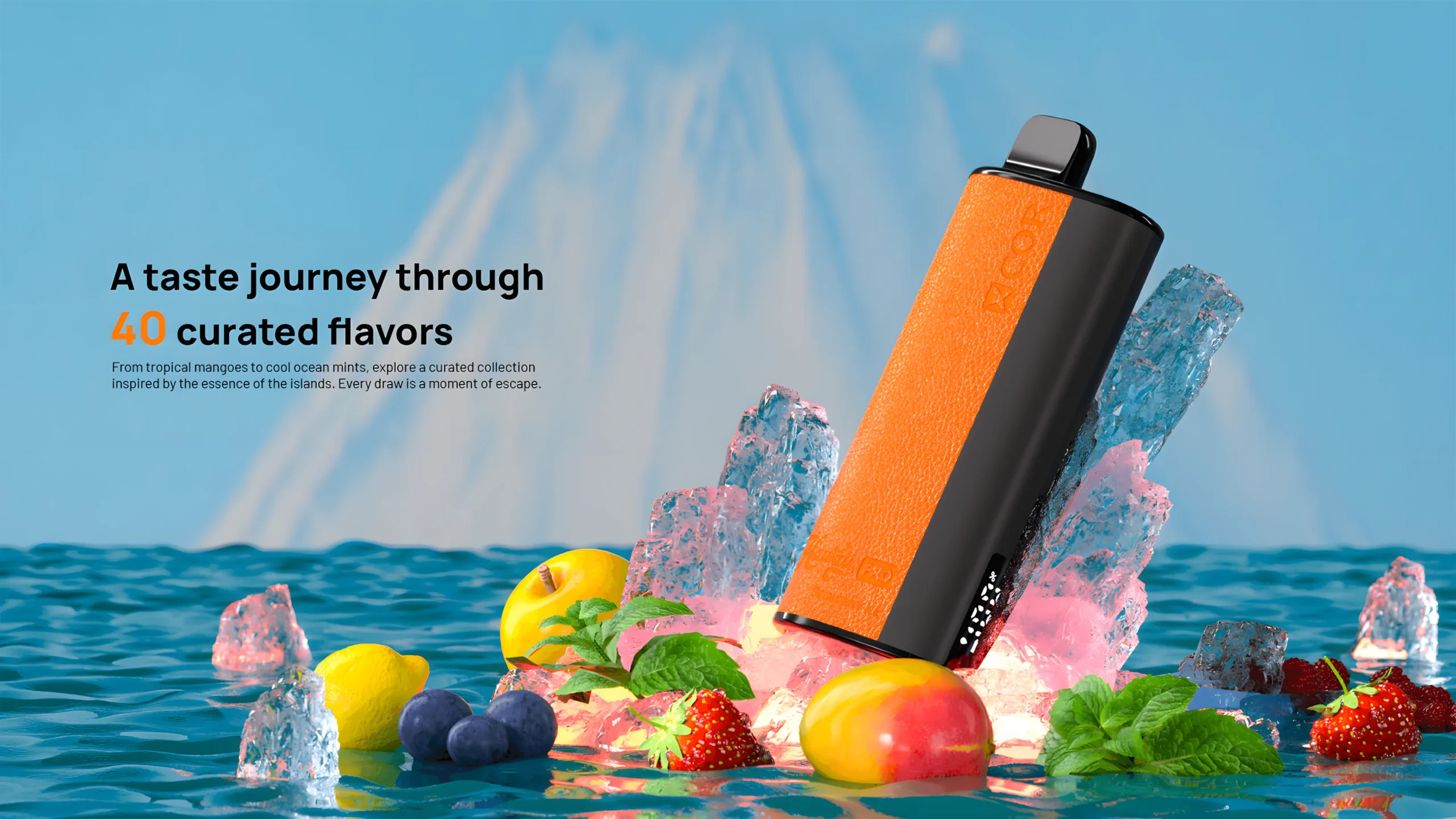Vibrant vape device amidst colorful fruits and ice