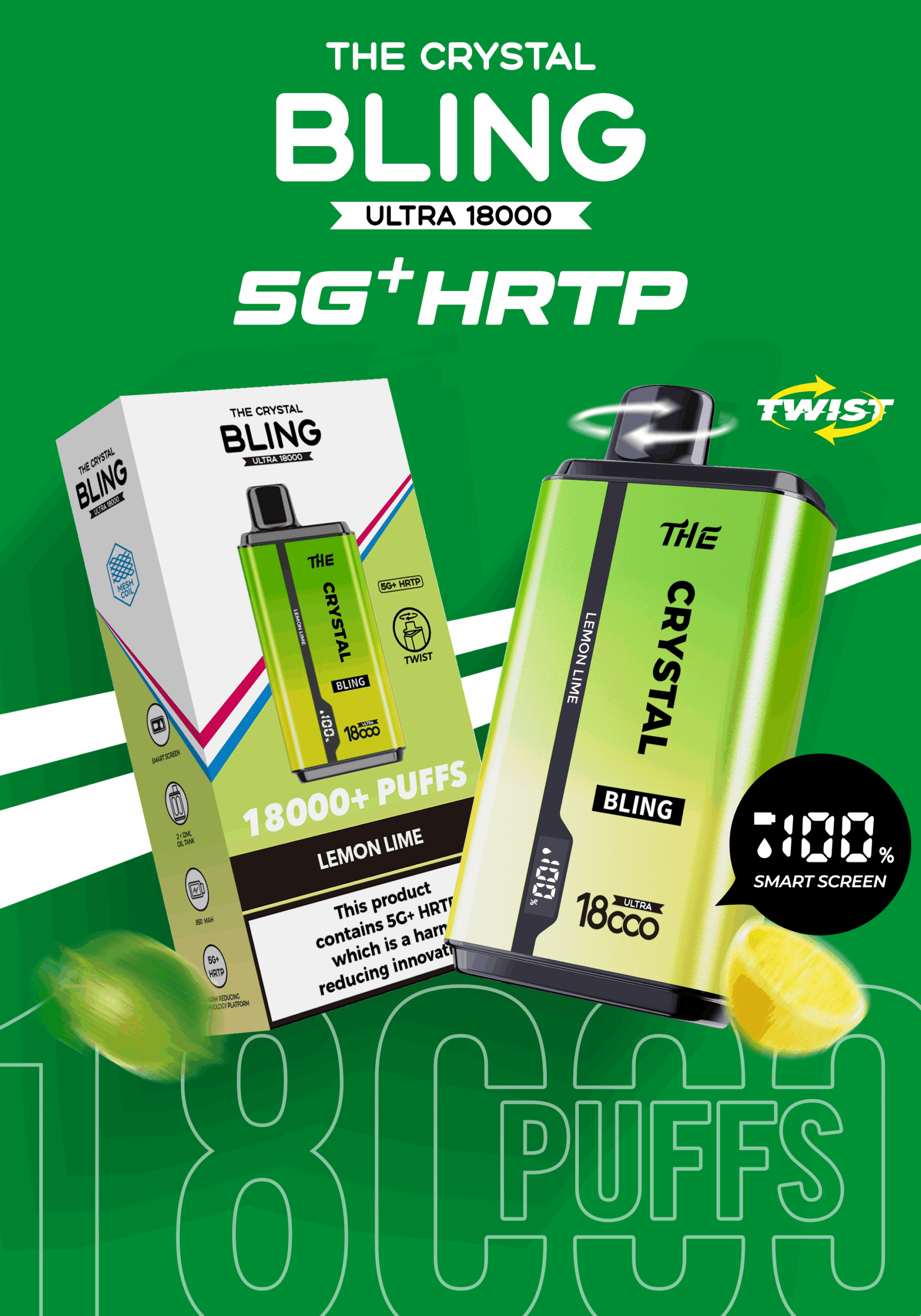 Crystal Bling vape with lemon-lime flavor, 18000 puffs.