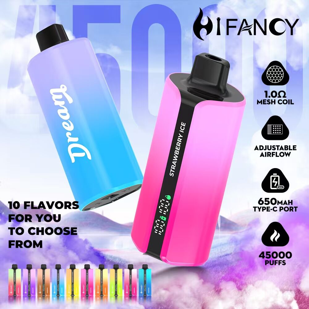 Two vape devices with various flavors displayed.