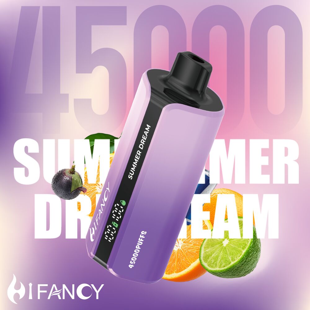 E-papieros Hifancy Dream 45K z wyraźnie widocznym inteligentnym ekranem wyświetlającym poziom baterii i płynu.