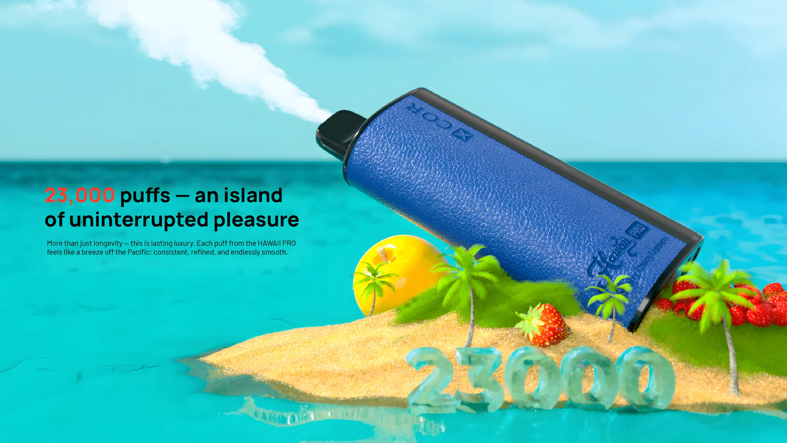 Blue vape device on a tropical beach scene