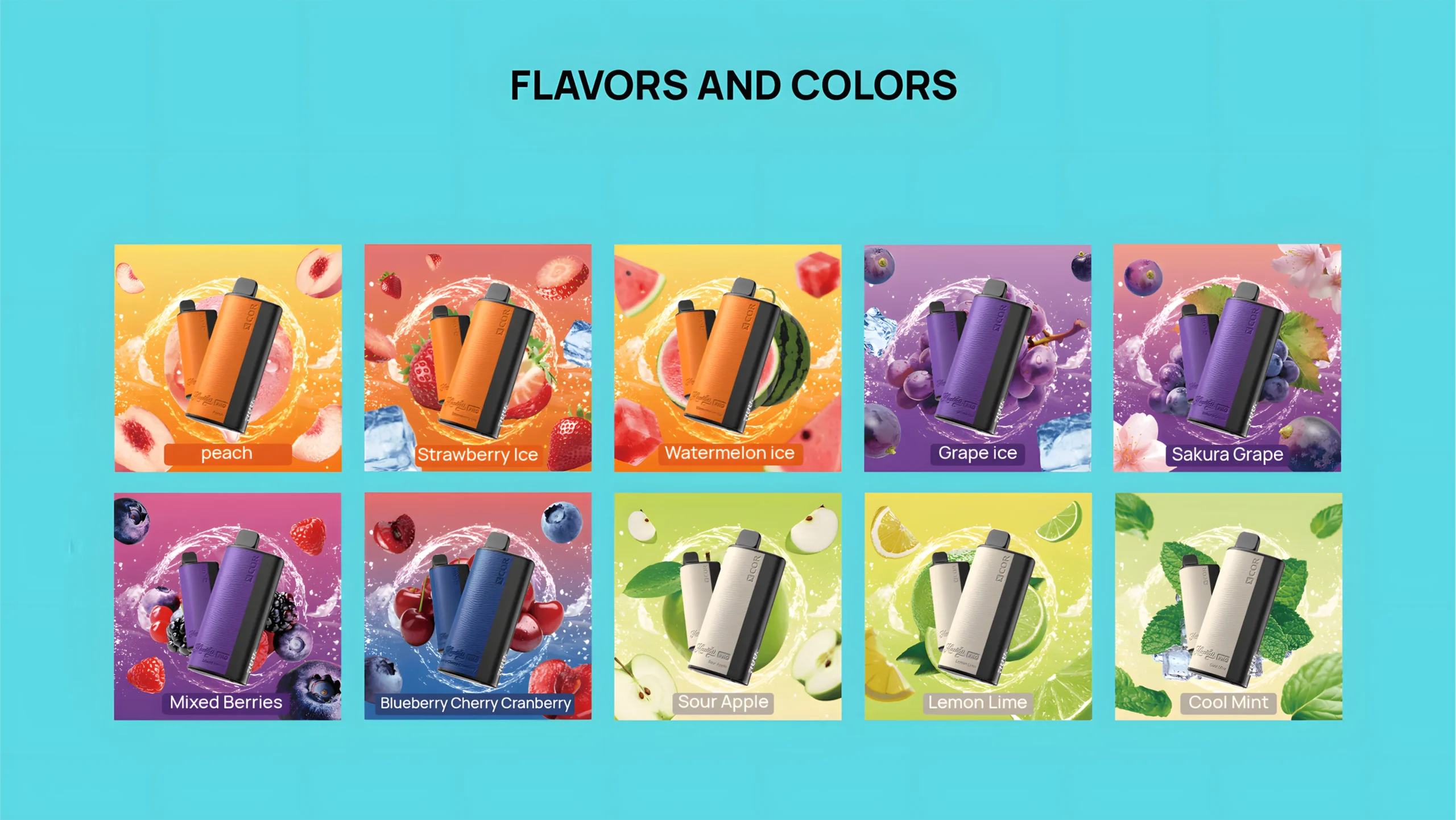Variety of flavored vape products displayed visually.