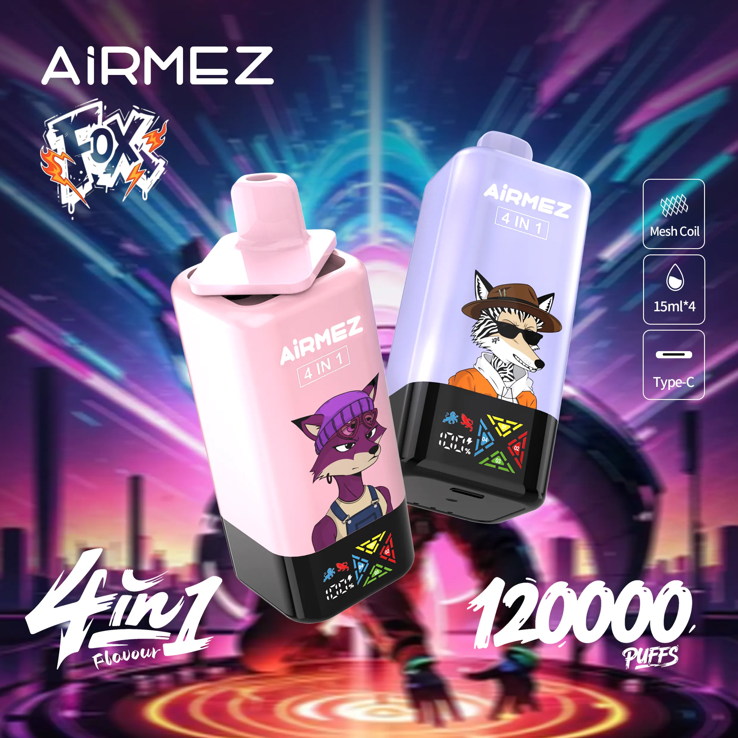 airmez fox 4 in 1 120k jednorazowy e papieros 2% – 120000 puffs | 4 smaki w 1 urządzeniu